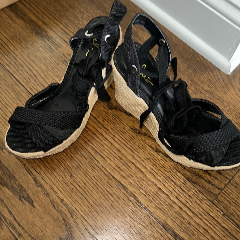 Lulus Esme Black Lace Up Espadrille Wedges